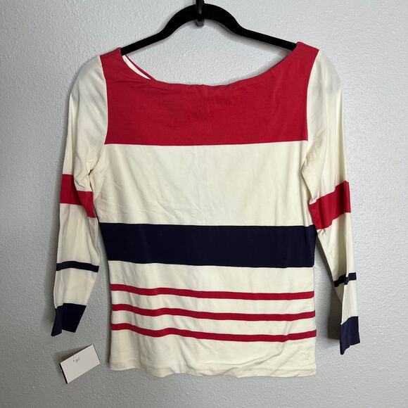 Ralph Lauren Red White Stripe Top Open Back Tie Pullover Long Sleeve Sz M - Picture 1 of 3